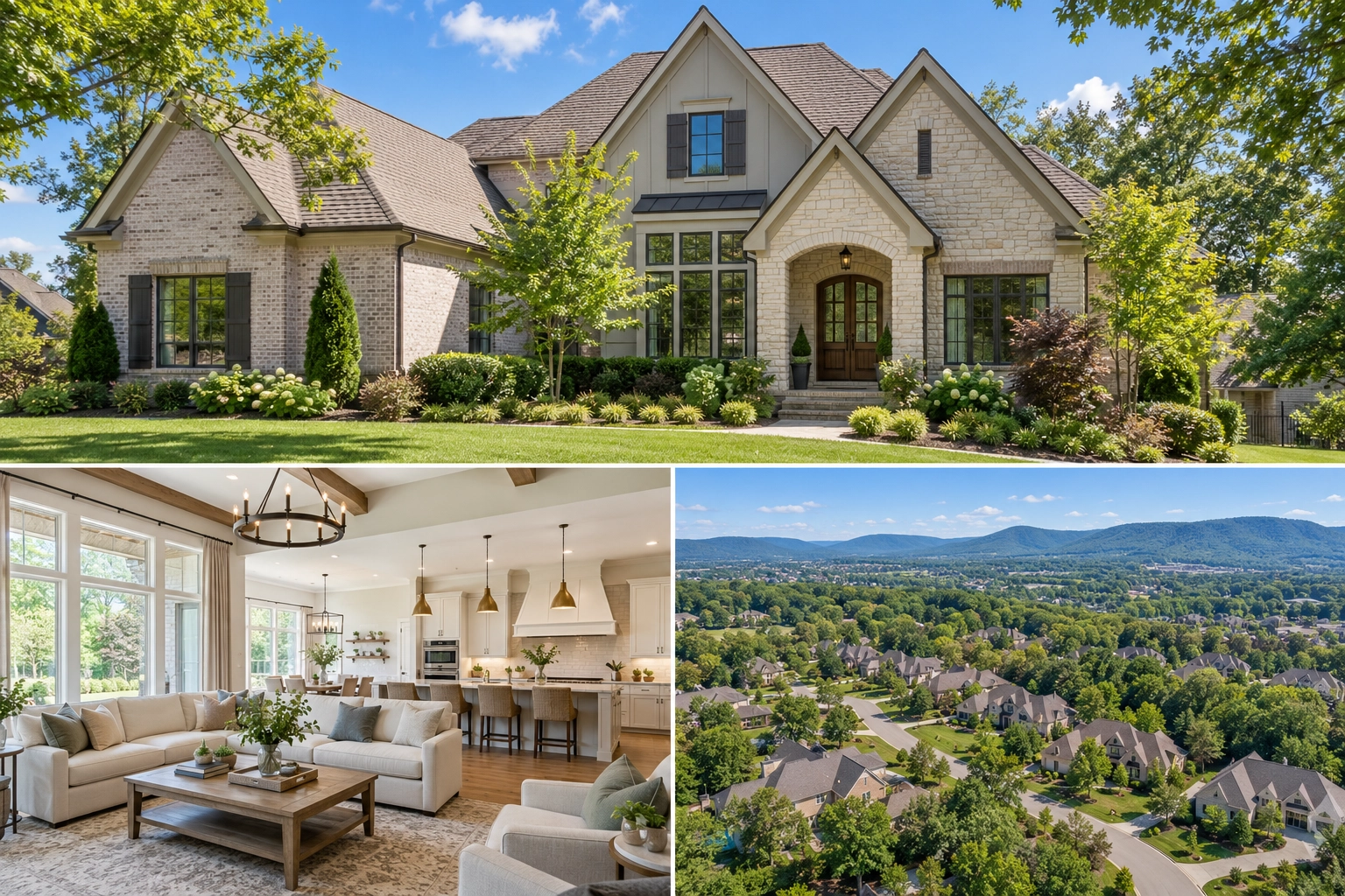 Professional real estate photography collage featuring a North Alabama home, bright interior, and aerial neighborhood view.