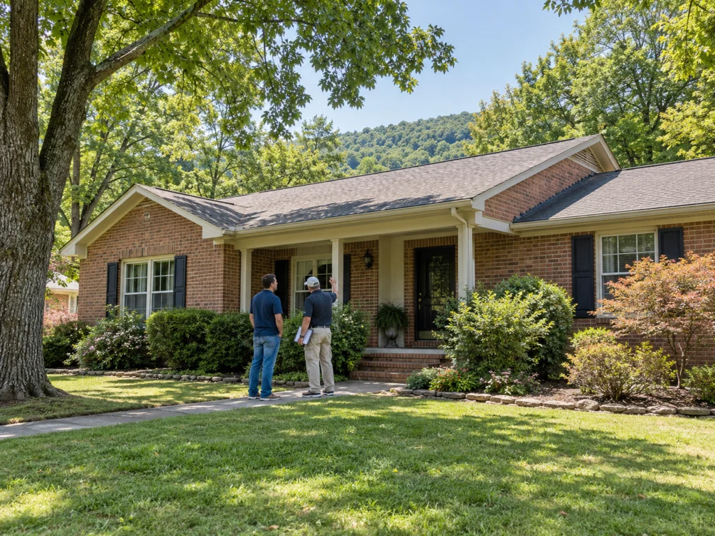 foreclosure-home-inspection Illustration of a buyer and home inspector reviewing the exterior of a brick home.