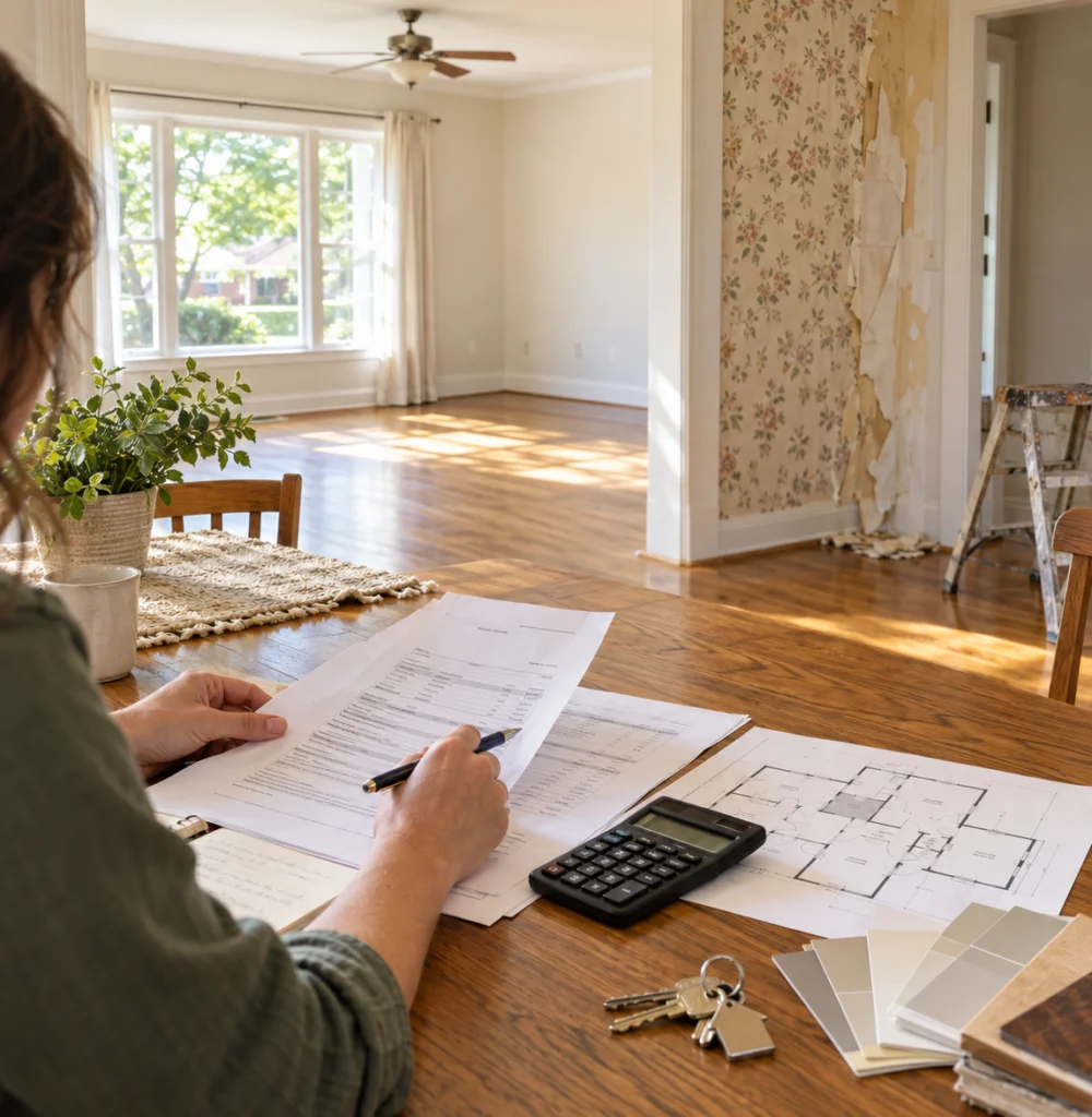 foreclosure-purchase-repair-budget Illustration of a homebuyer reviewing repair estimates and a floor plan in a home undergoing improvements.