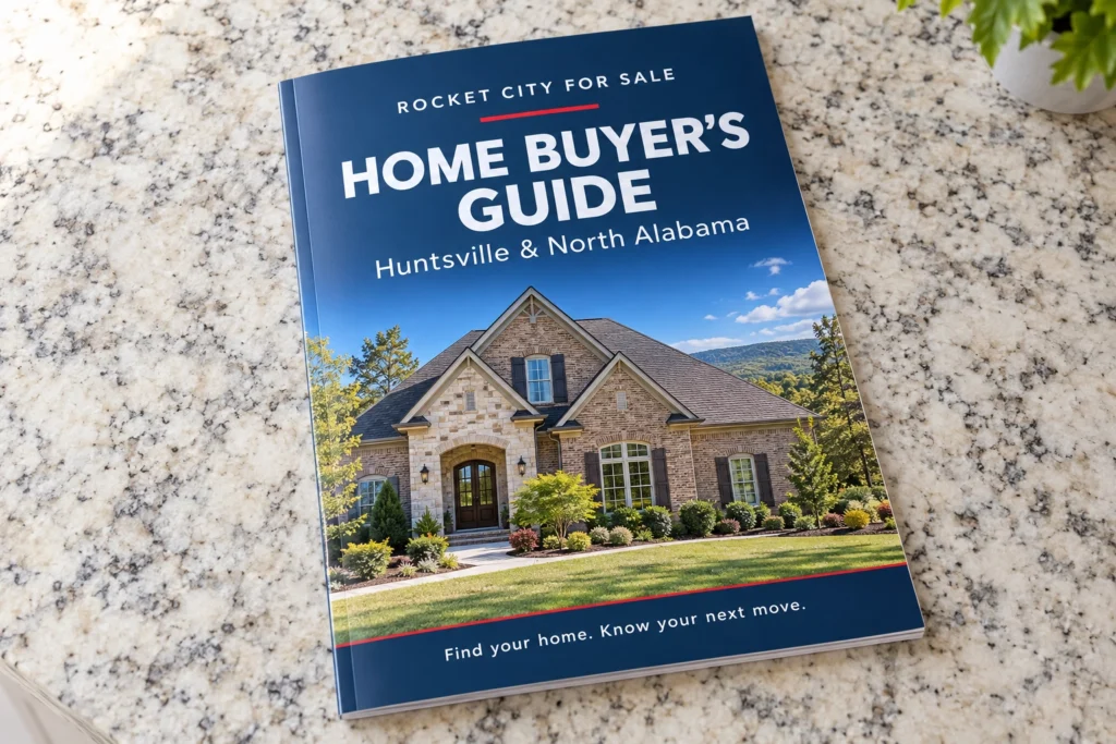 huntsville-home-buyers-guide Rocket City For Sale home buyer’s guide lying on a light granite countertop.