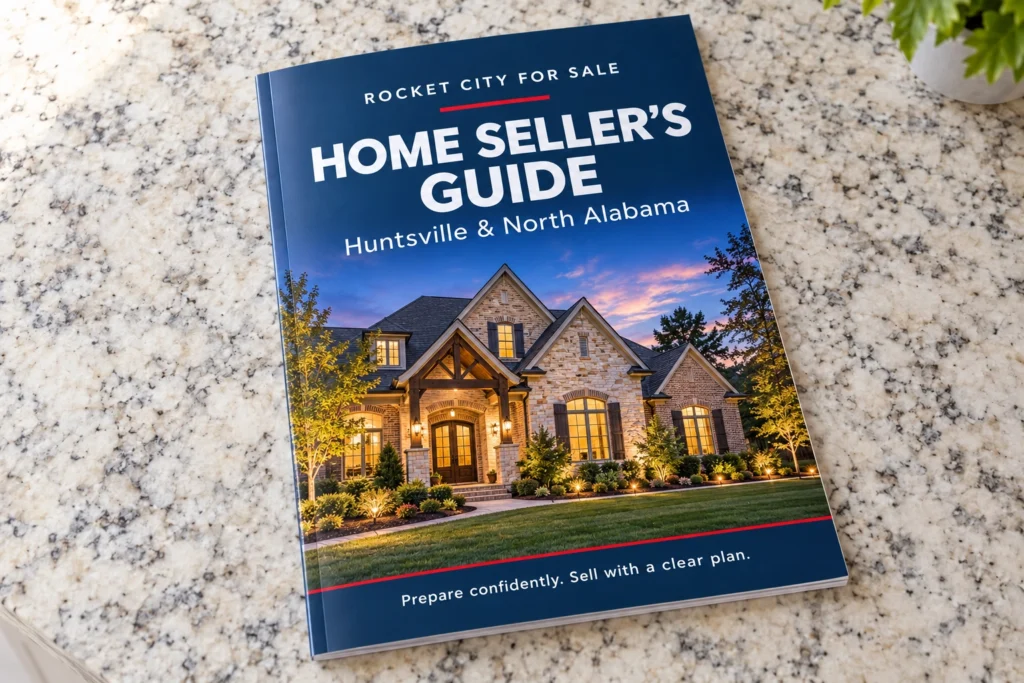 Rocket City For Sale home seller’s guide with a twilight home cover, lying on a granite countertop.