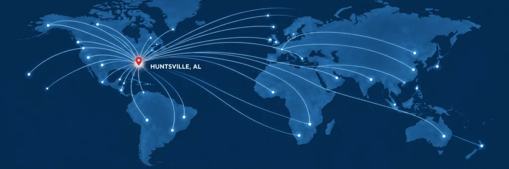 huntsville-relocation-world-connections-navy World map illustration with routes converging on Huntsville, Alabama.