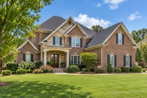 Brick home with a covered entrance, landscaped garden, and mature trees.