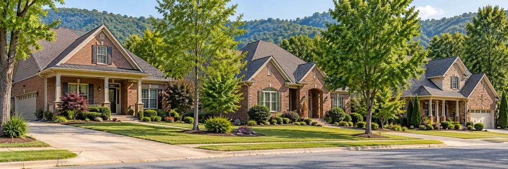 north-alabama-neighborhood-banner Illustration of brick homes along a leafy residential street.
