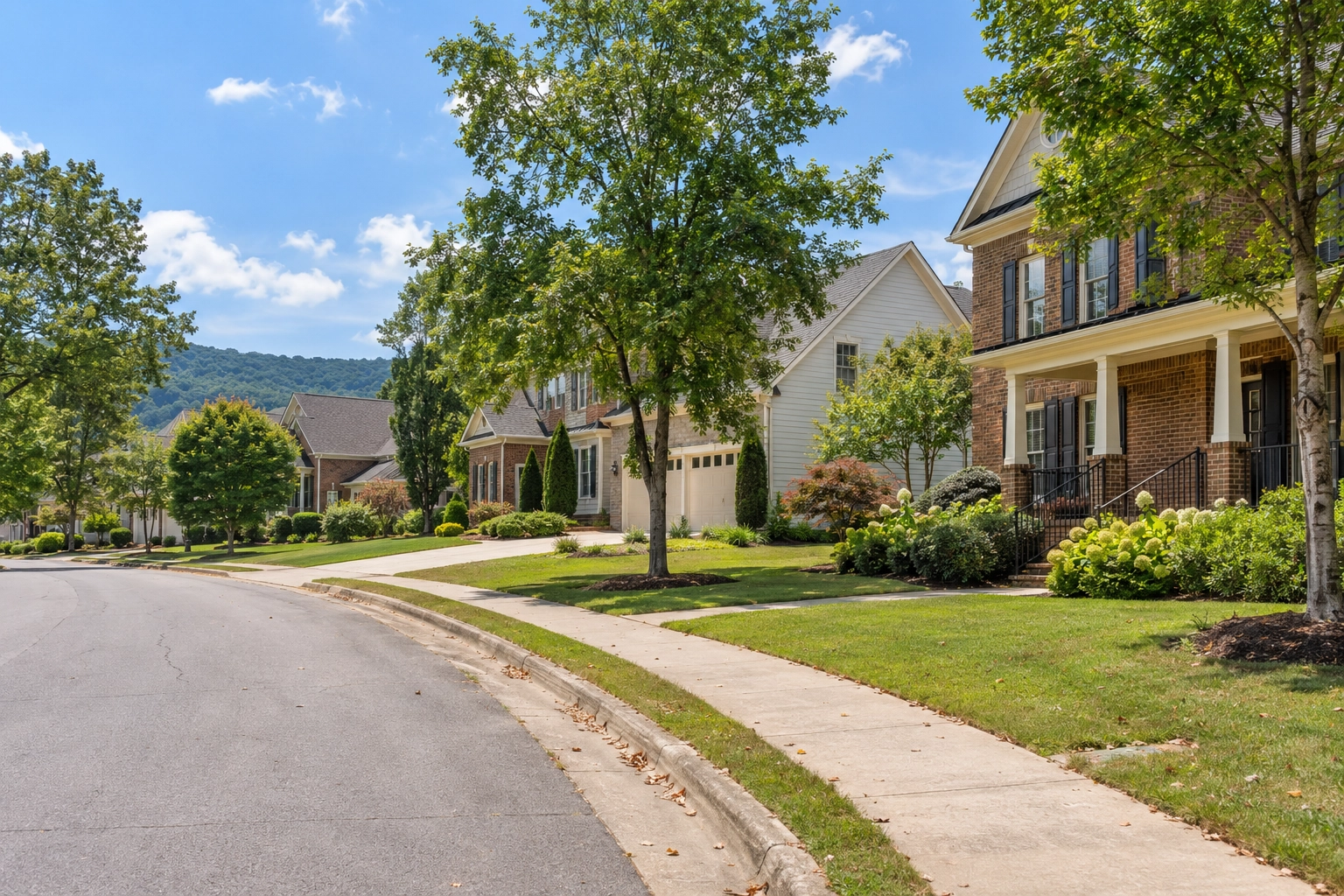 north-alabama-relocation-streetscape Tree-lined residential street with brick homes, landscaped yards, and green foothills in the distance.