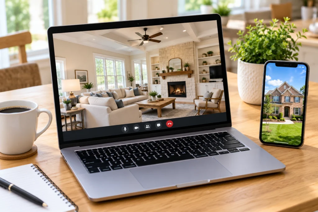 remote-home-buying-video-tour Laptop showing a virtual home walkthrough beside a phone displaying a brick home exterior.
